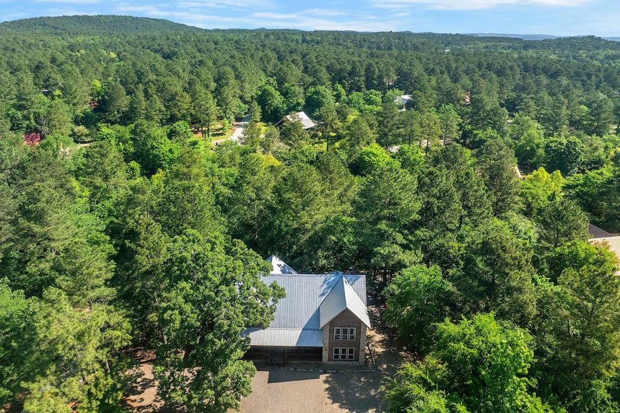 Aerial forest cabin view