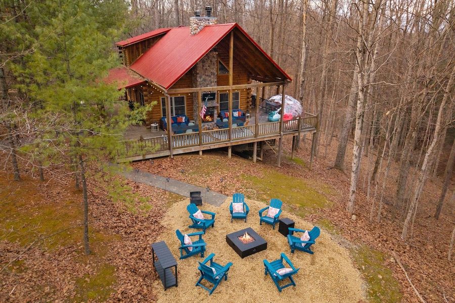 Cabin exterior with yard seating