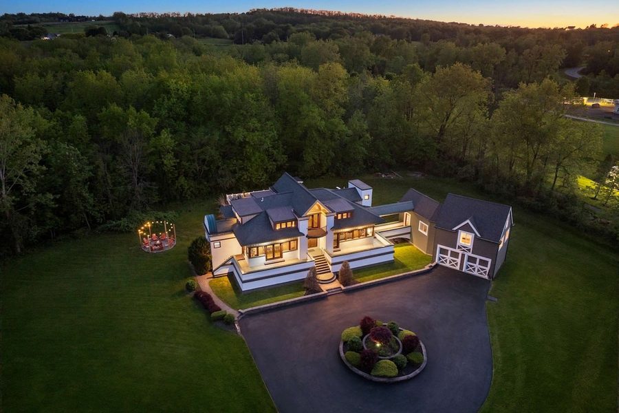 Aerial view of house at dusk