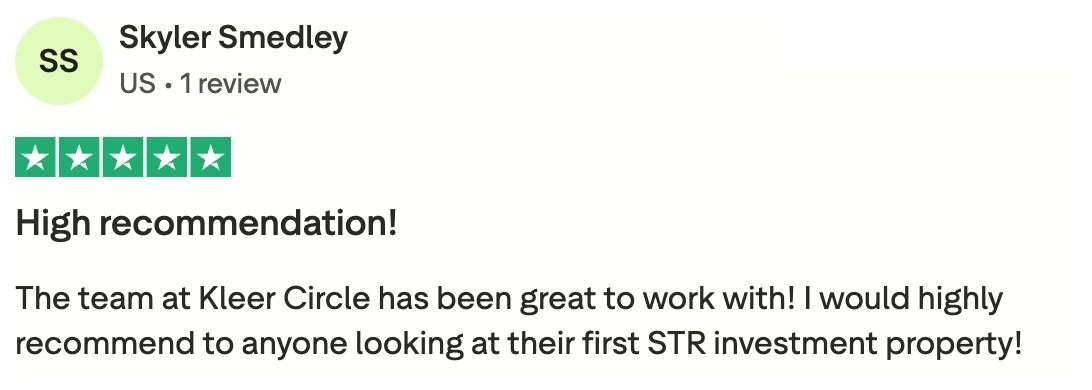 Trustpilot review by Skyler Smedley, 5 stars: high recommendation for anyone looking at their first STR investment property.